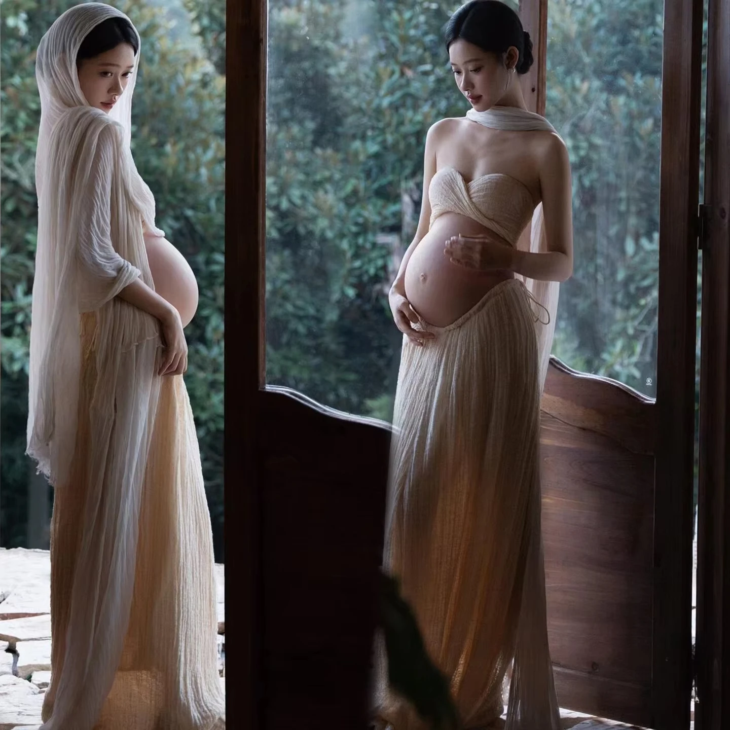 Vestido de maternidad retro elegante con velo para sesión en estudio
