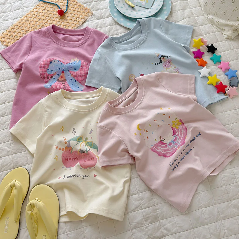Camiseta de verano para niña ligera con estampado de cereza y donut