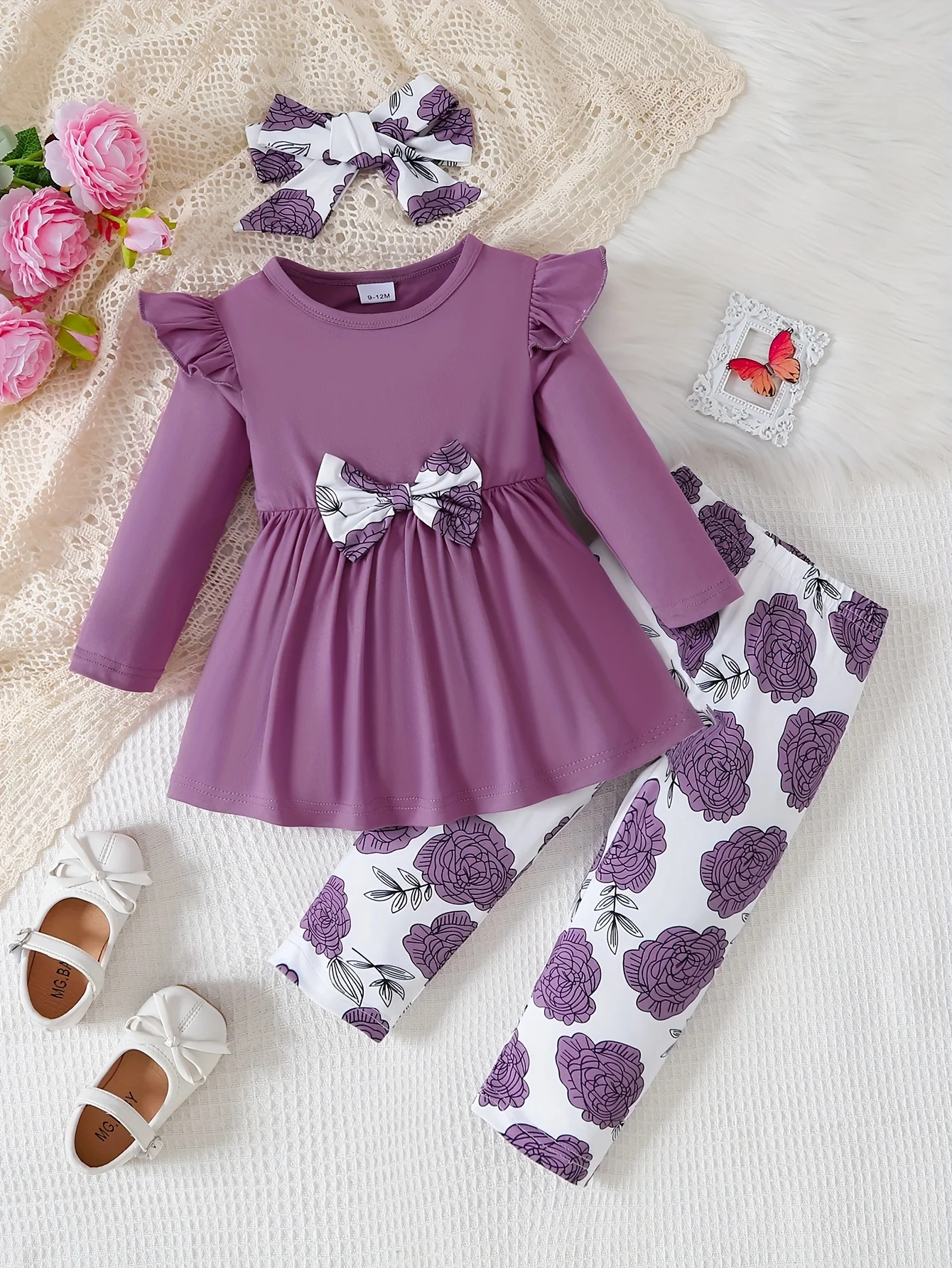 Conjunto bebé niña otoño manga larga lazo pantalón floral