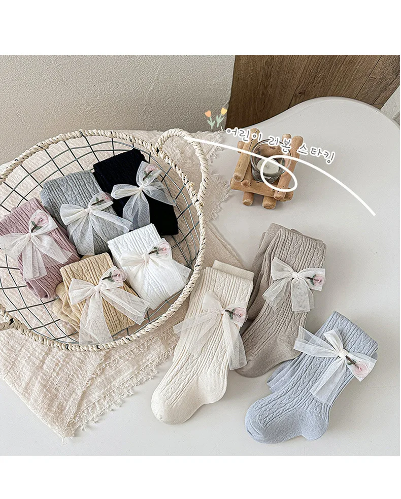 Mallas de algodón suave para niñas y bebés con lazo – Otoño primavera - imagen 4