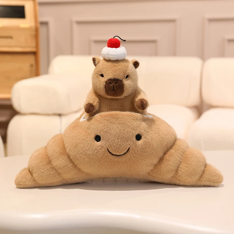 Peluche capibara tierno con cruasán y gofre, ideal regalo