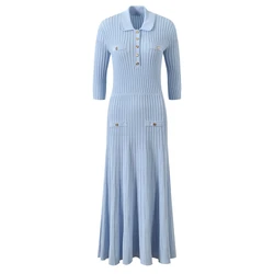 Vestido de embarazada de punto acanalado azul claro estilo tweed