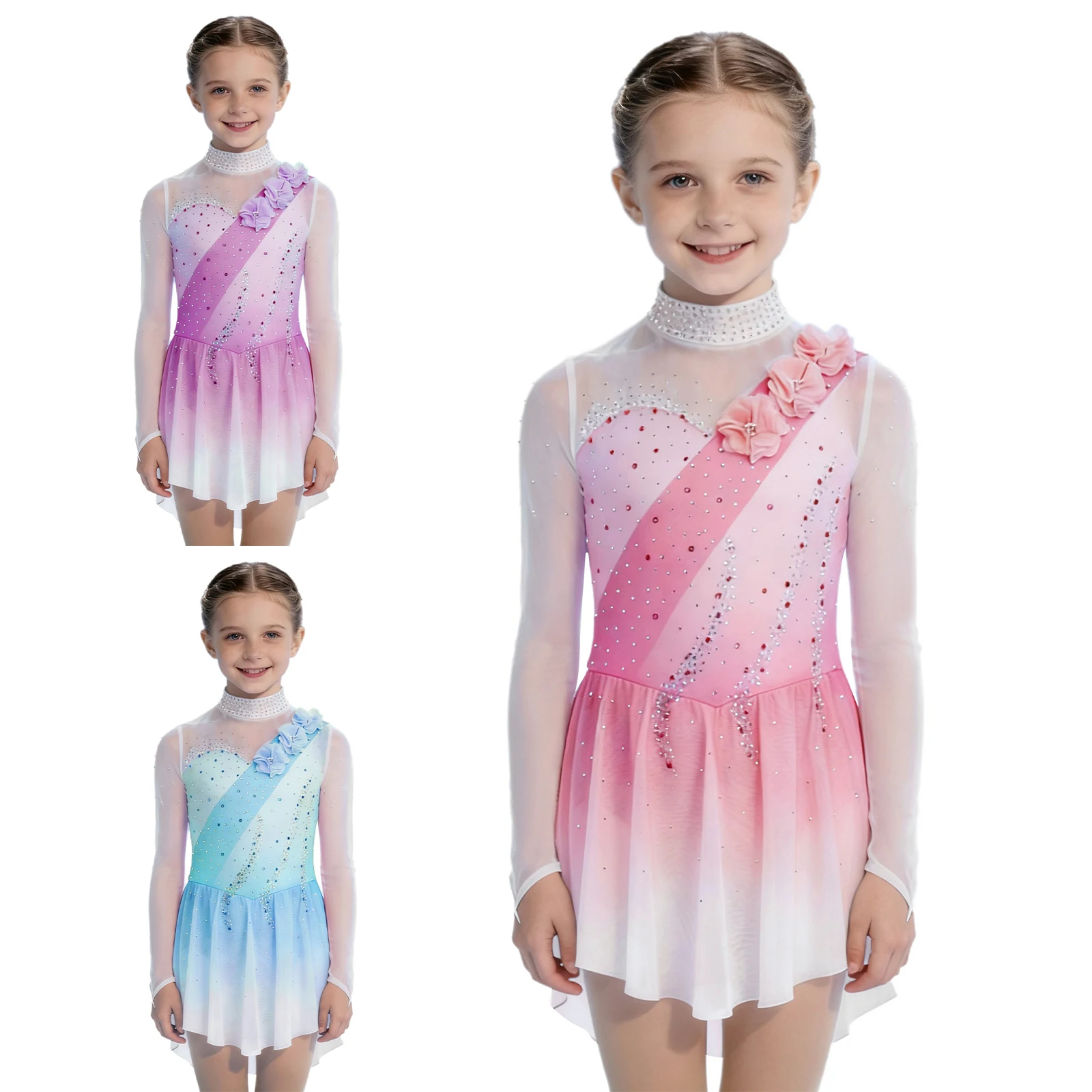 Vestido patinaje artístico para niñas con pedrería y malla floral - imagen 2