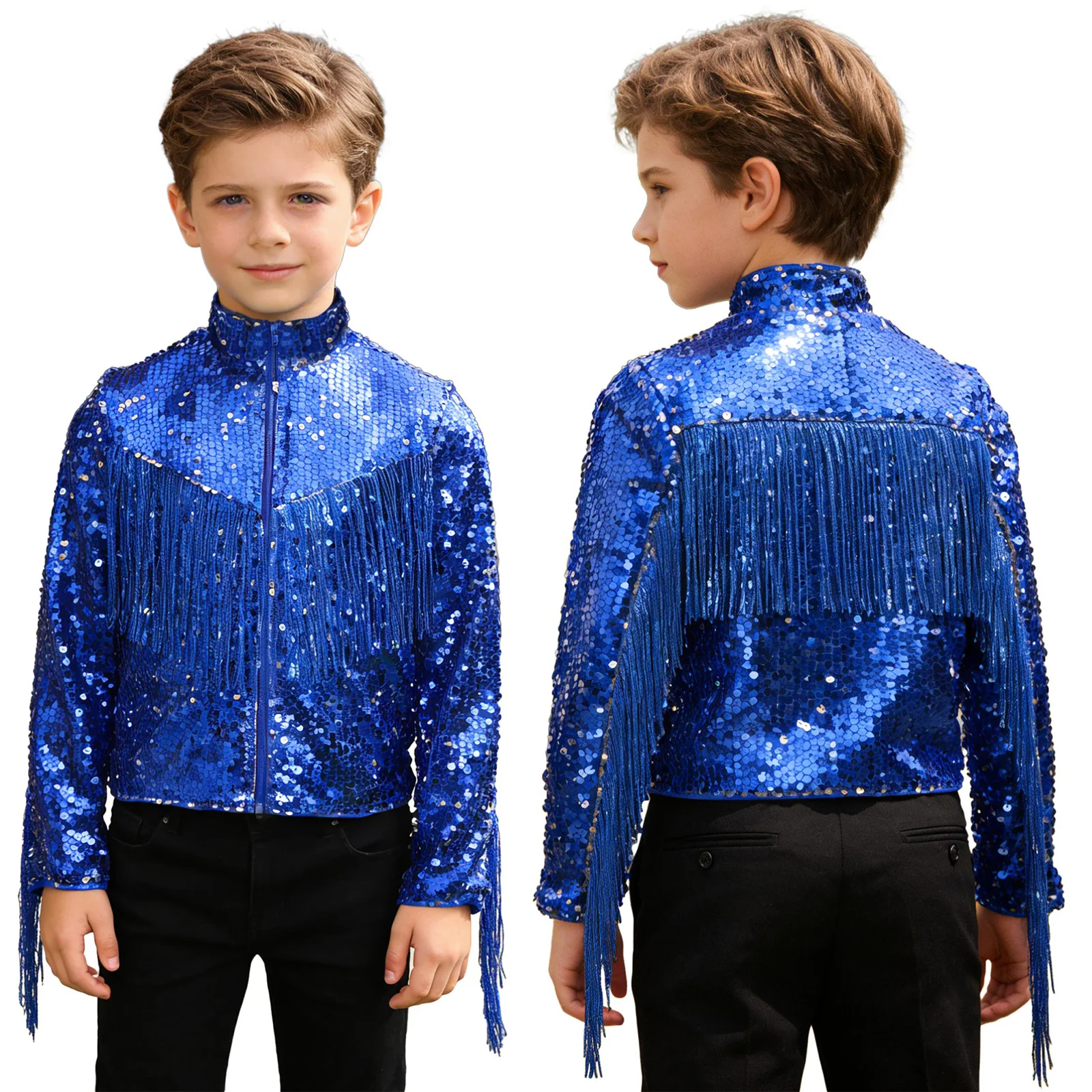 Chaqueta con lentejuelas y flecos estilo disco para niños manga larga