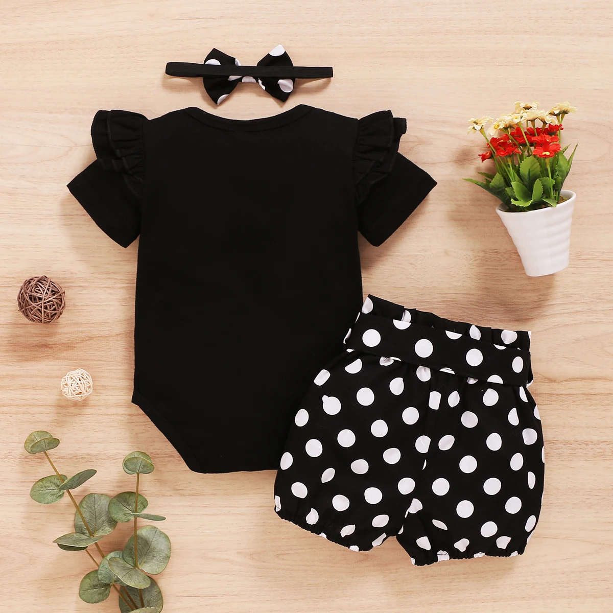 Mono negro con short de lunares y diadema para bebé niña - imagen 5