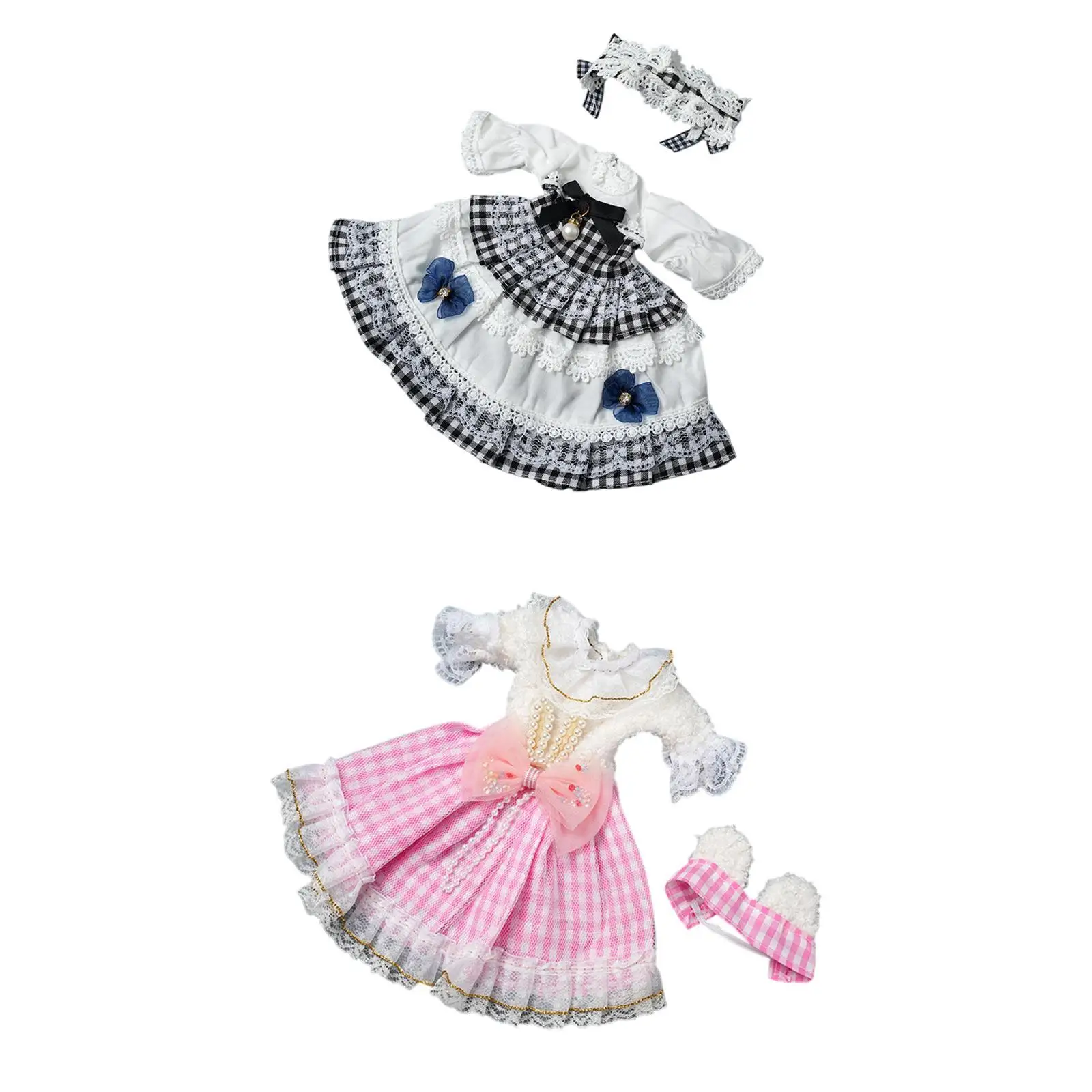 Vestido mini a cuadros con detalles y diadema para muñecas 1/6