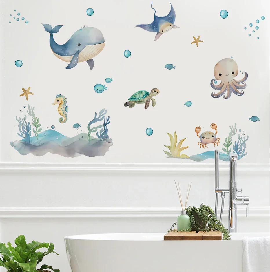 Vinilo pared marino con animales acuáticos: ballena y tortuga - imagen 5