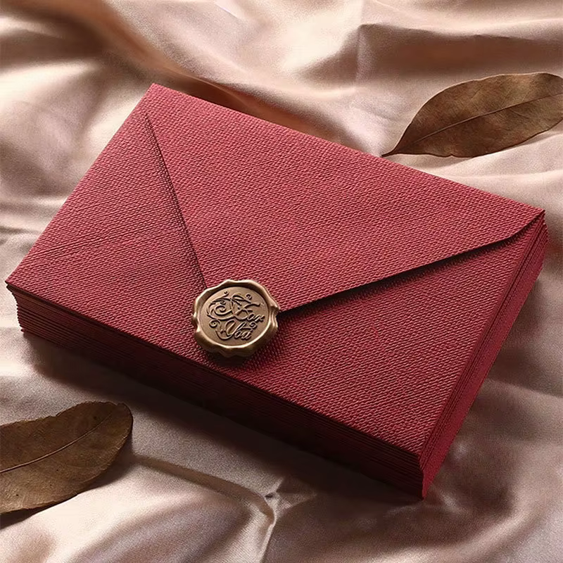 Sobres confeccionados en lino retro para invitaciones con sello de cera