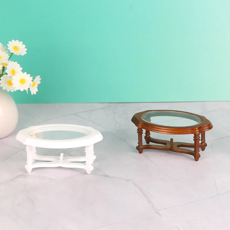 Mesa de centro oval de madera vintage con cristal para casa de muñecas