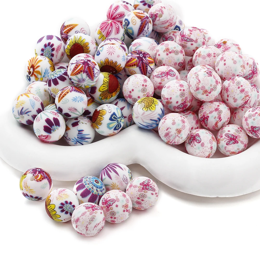 Cuentas redondas de silicone con flores para mordedores 15 mm - imagen 5