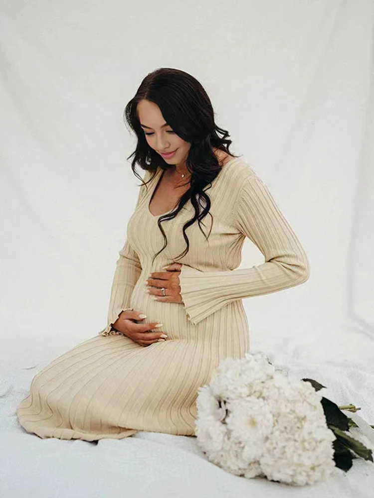 Vestido de maternidad maxi con cuello en V para otoño e invierno