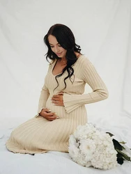 Vestido de maternidad maxi con cuello en V para otoño e invierno