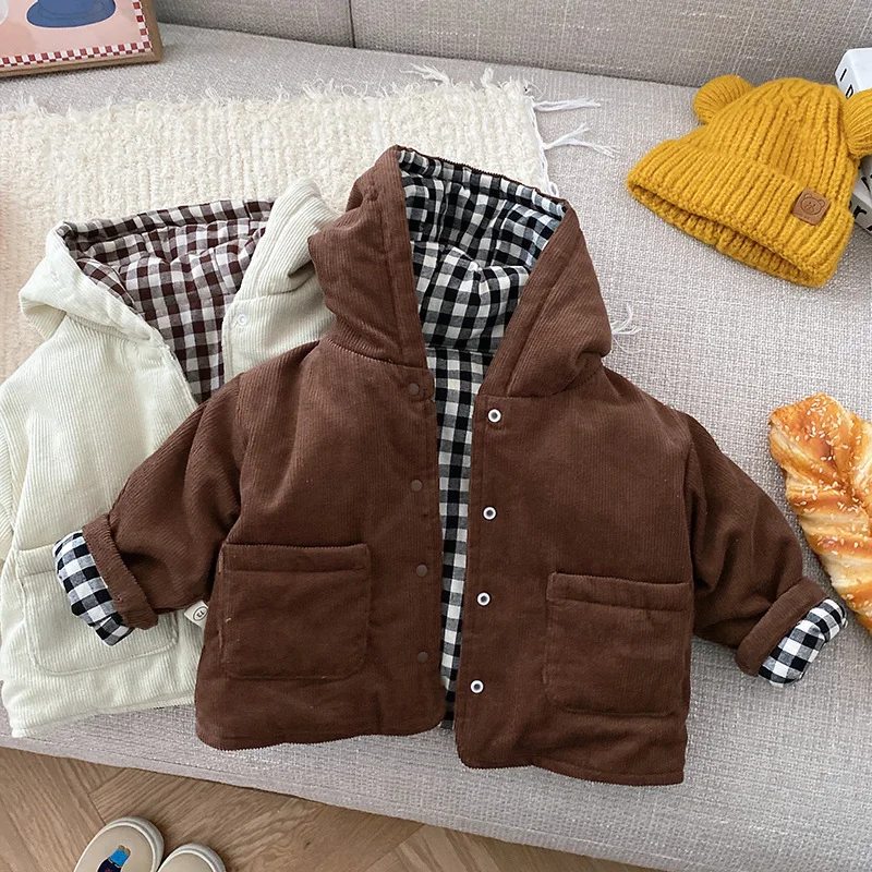 Chaqueta de pana a cuadros para bebé informal en invierno - imagen 4