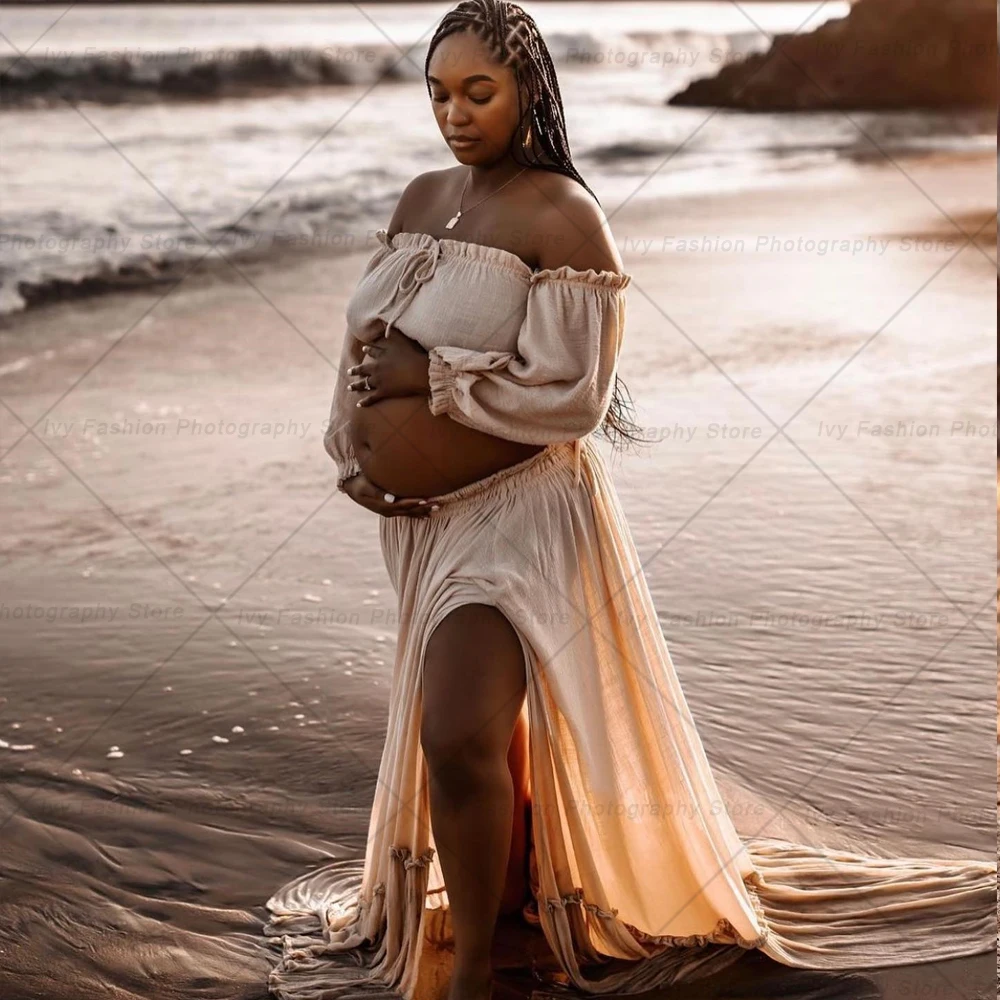 Vestido bohemio de maternidad en algodón y lino, manga larga - imagen 5