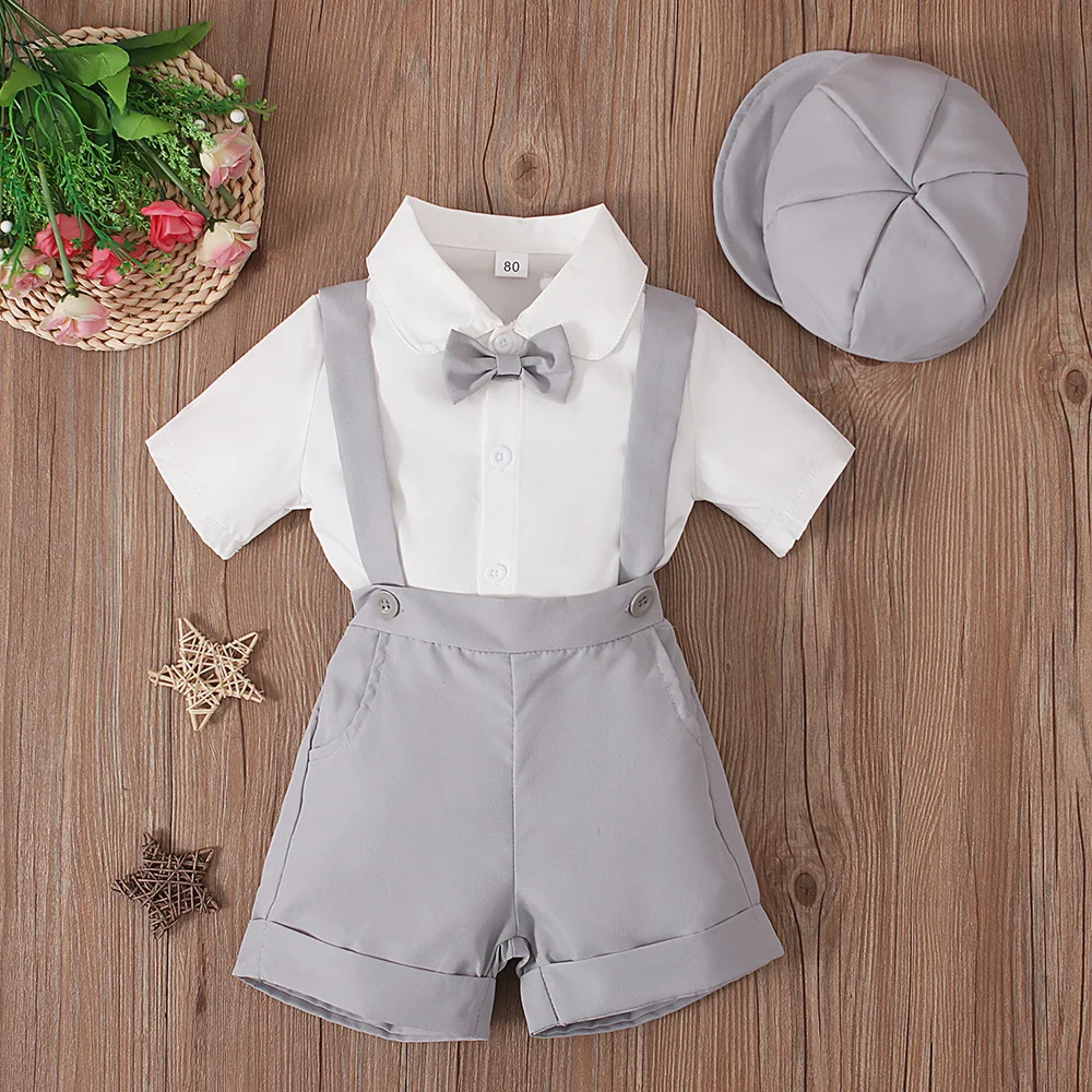 Conjunto verano niño con camiseta pantalón corto gorra algodón corbata