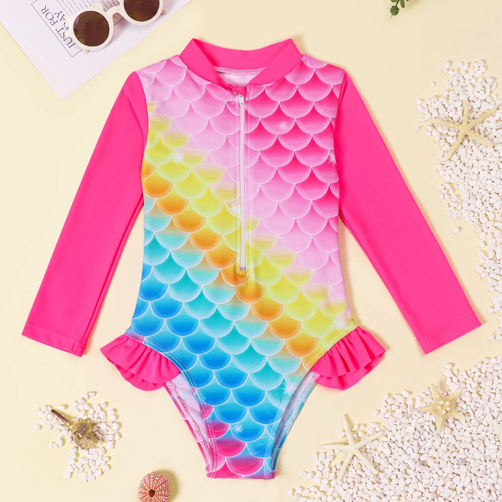 Traje de baño de manga larga una pieza rayas arcoíris para niñas - imagen 2