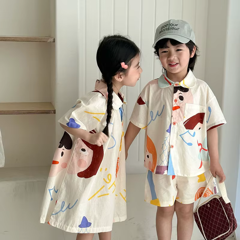 Conjunto verano hermanos: vestido grafiti y camisa manga corta