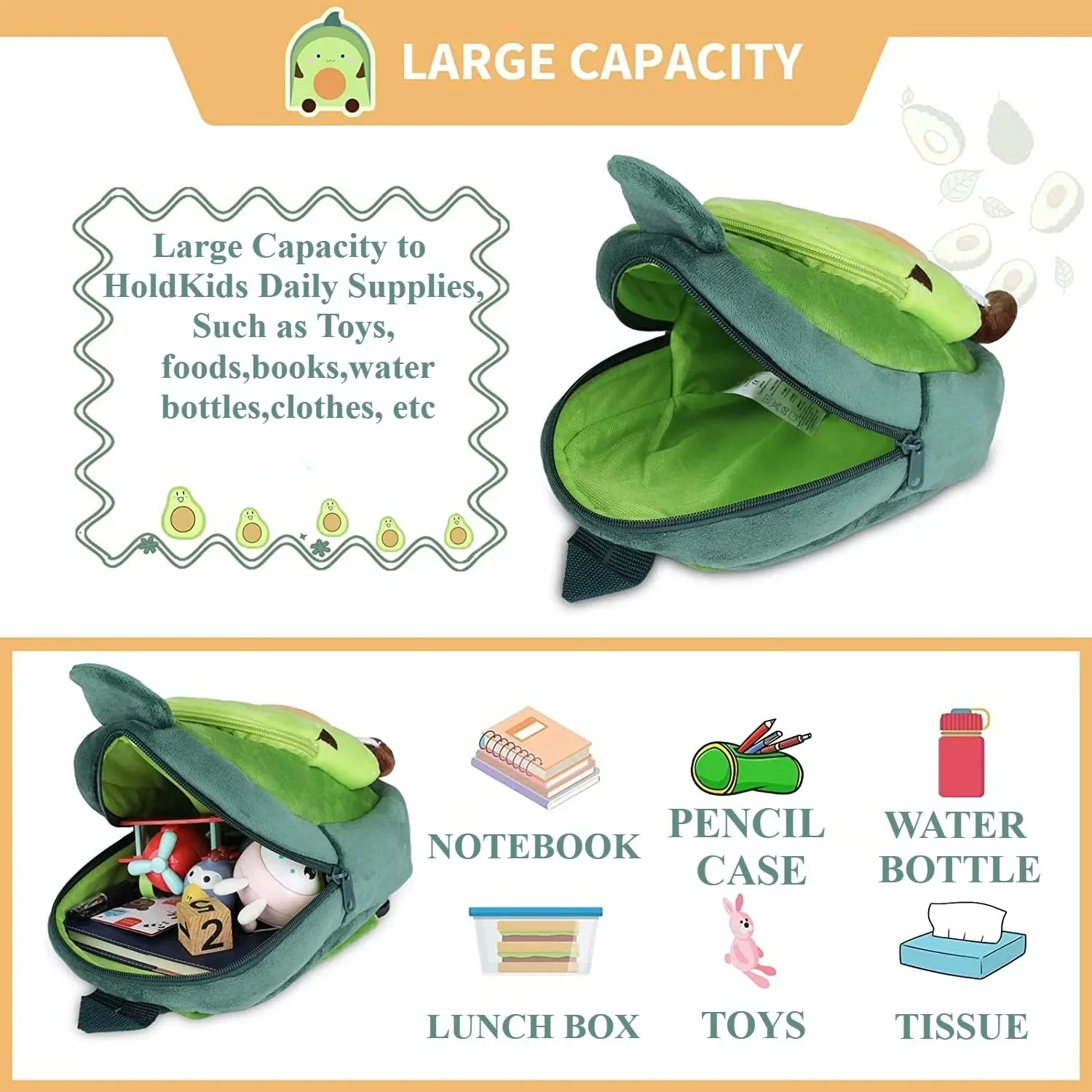 Mochila escolar de peluche para niños pequeños – Diseño aguacate - imagen 2