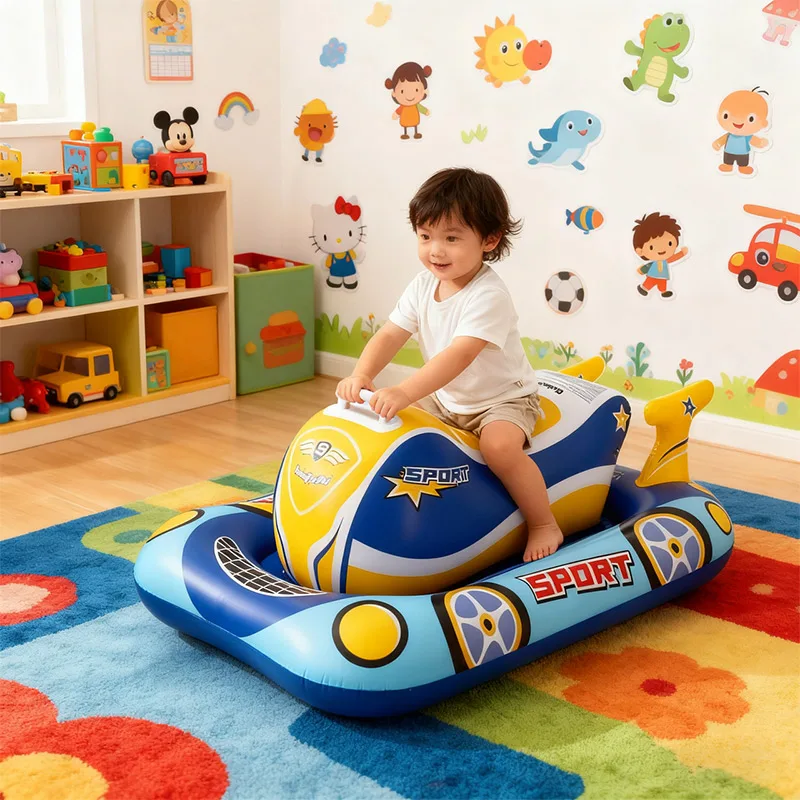 Flotador inflable azul con forma de lancha motora