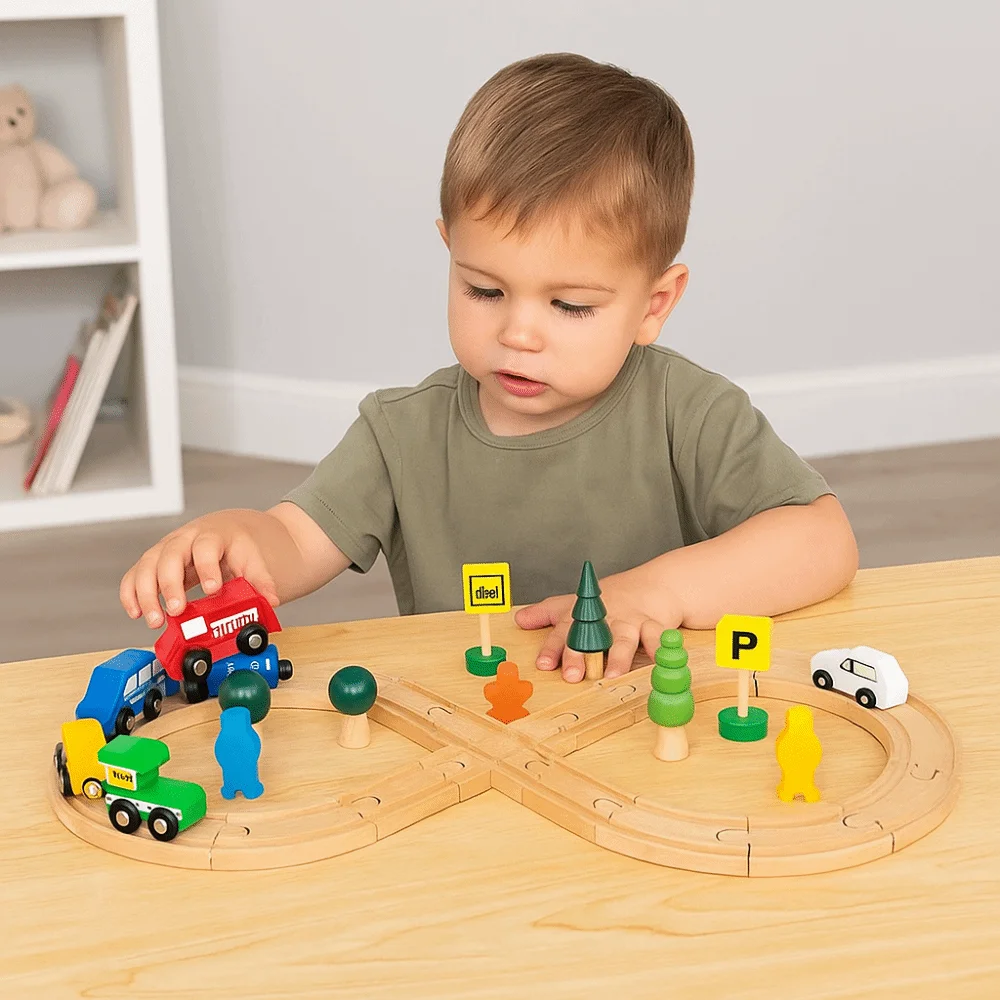 Tren de madera en forma 8 con pista ensamblable para niños educativo - imagen 4