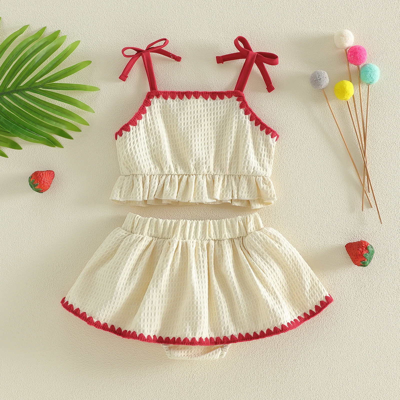 Conjunto bebé niña verano volantes falda-pantalón fresa - imagen 4