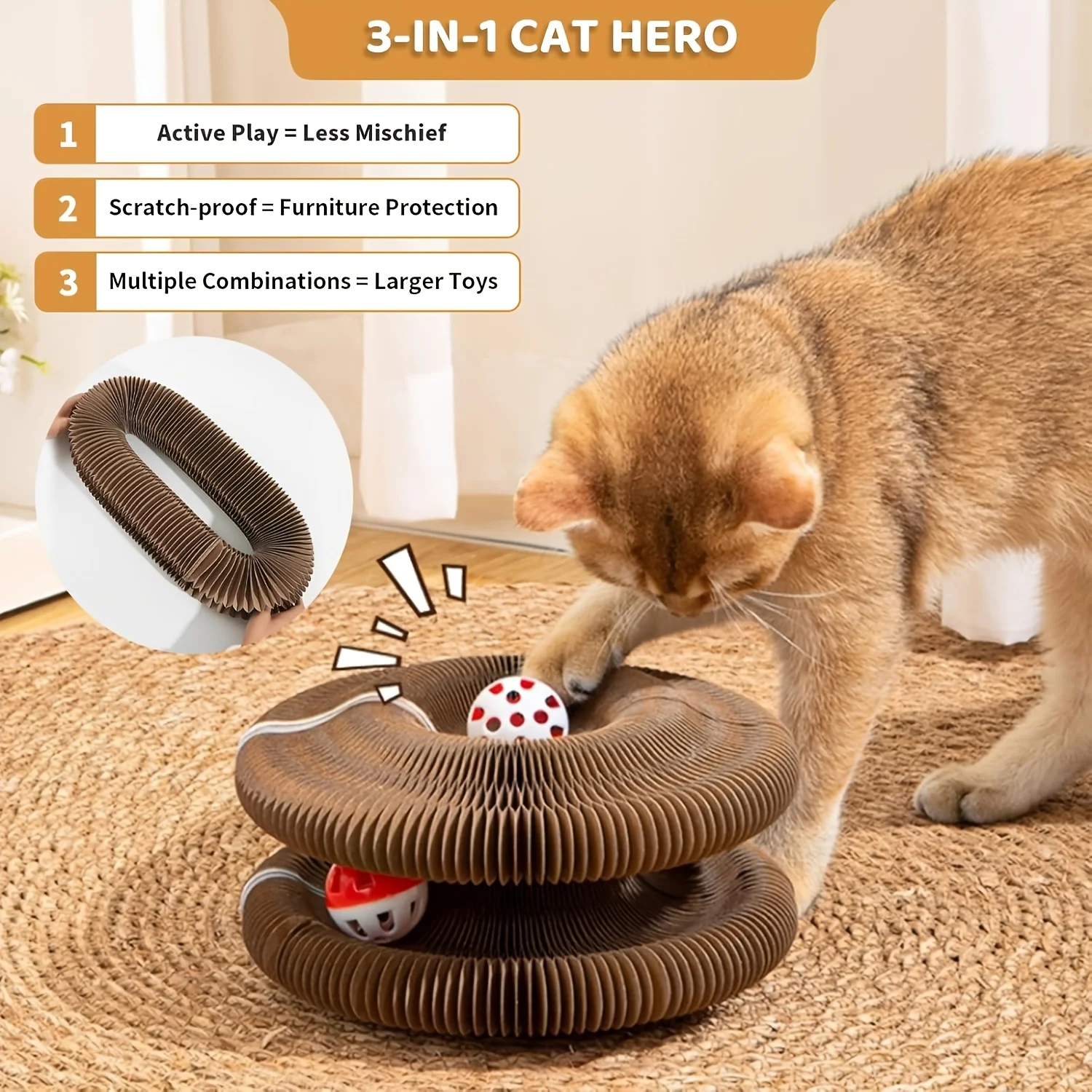 Tabla rascadora interactiva para gatos de interior con acordeón - imagen 3