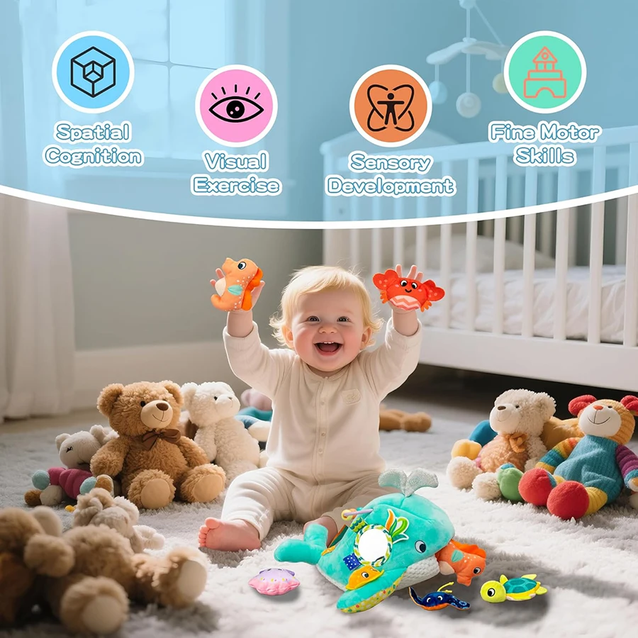 Peluche ballena sensorial Ocean Friends con sonajero y chirriador - imagen 4
