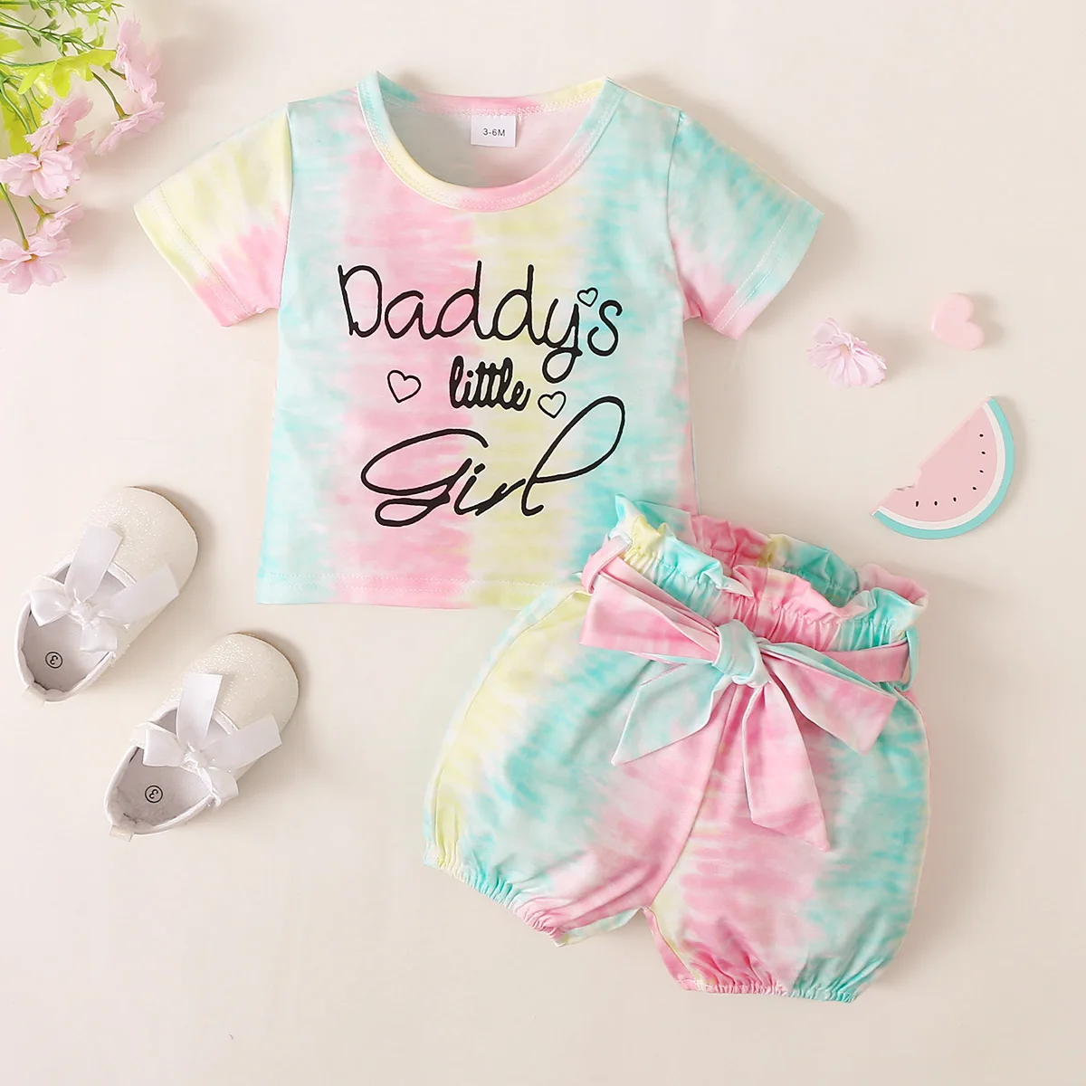 Conjunto verano para bebé niña – Camiseta y pantalón corto teñido anudado