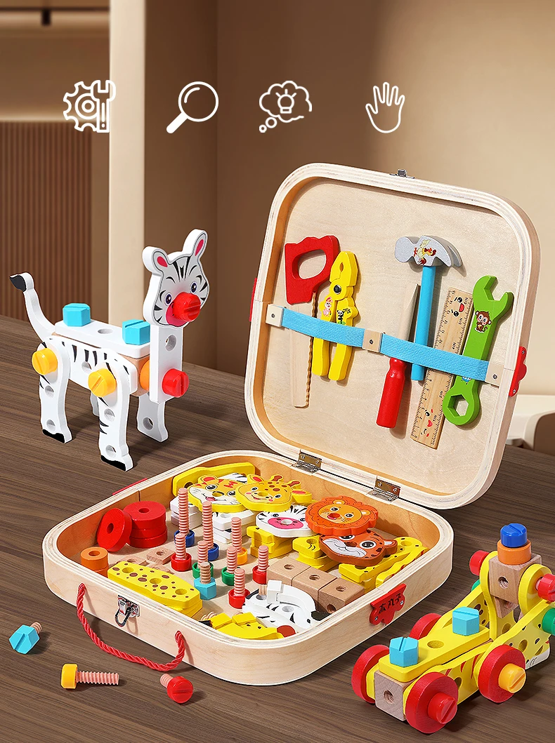 Caja de herramientas Montessori de madera con tuercas y tornillos