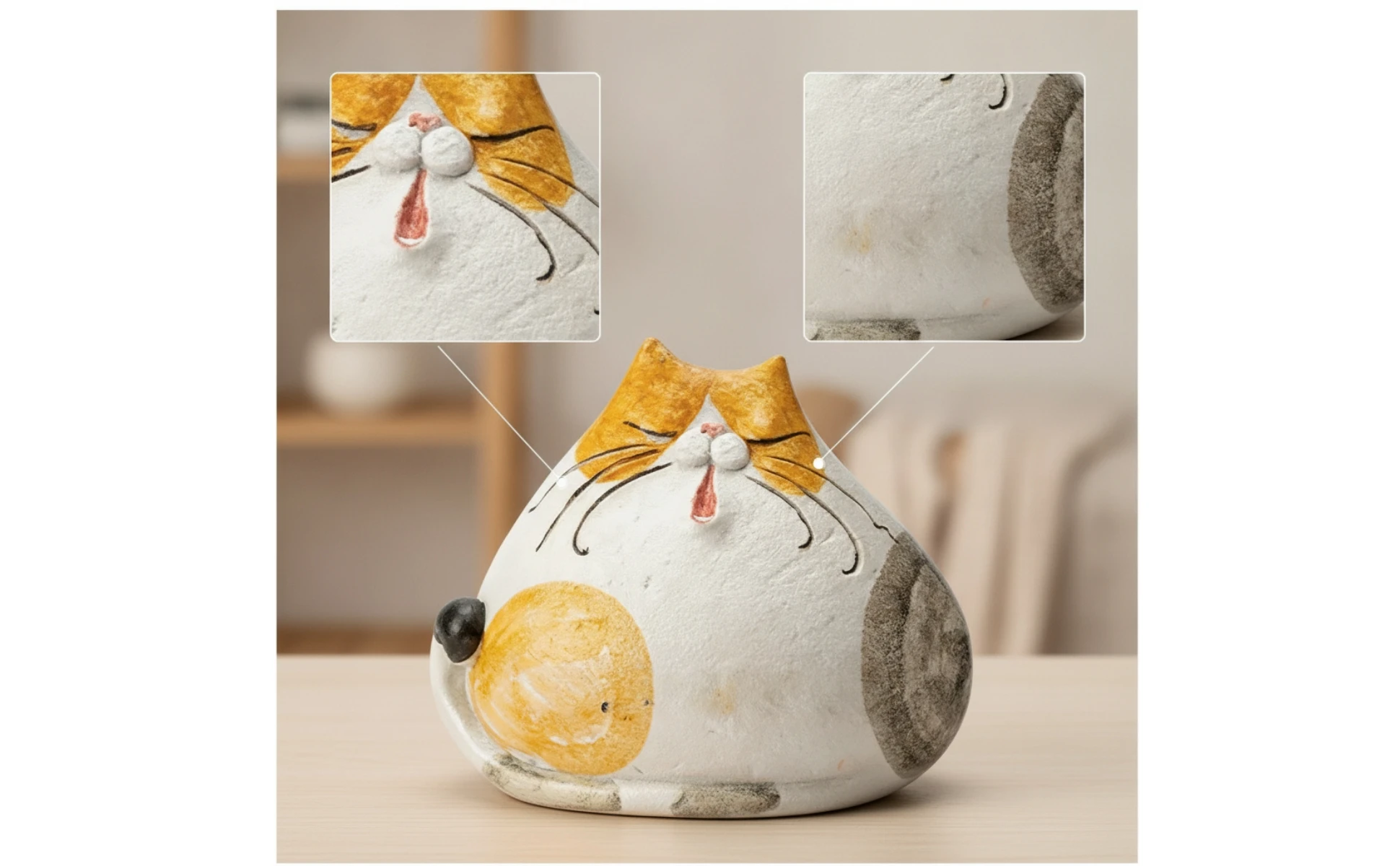 Detalle de facciones pintadas a mano en el gato de cerámica