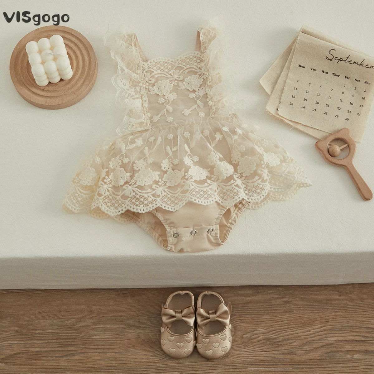 VISgogo Mameluco princesa para niñas con encaje floral y tirantes - imagen 2