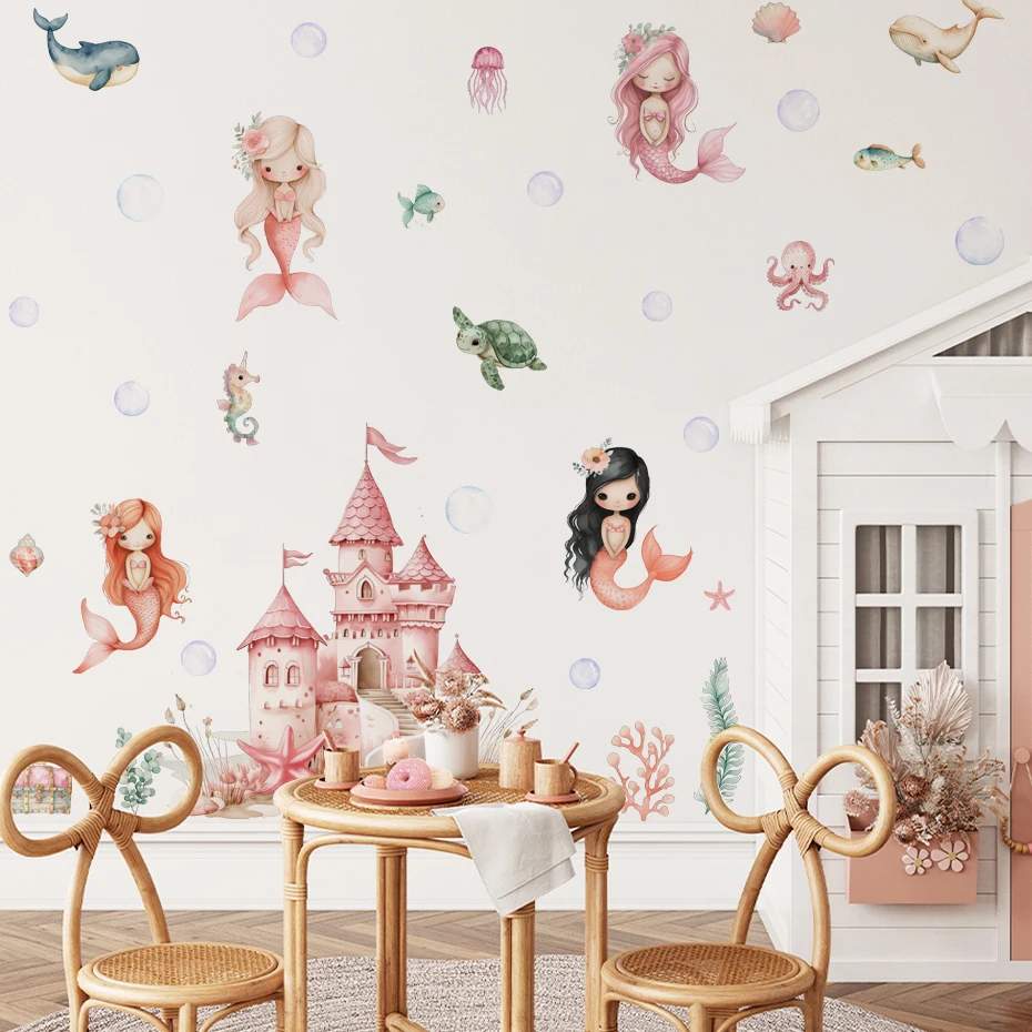 Adhesivo de pared sirena para habitación infantil y baño rosa - imagen 5