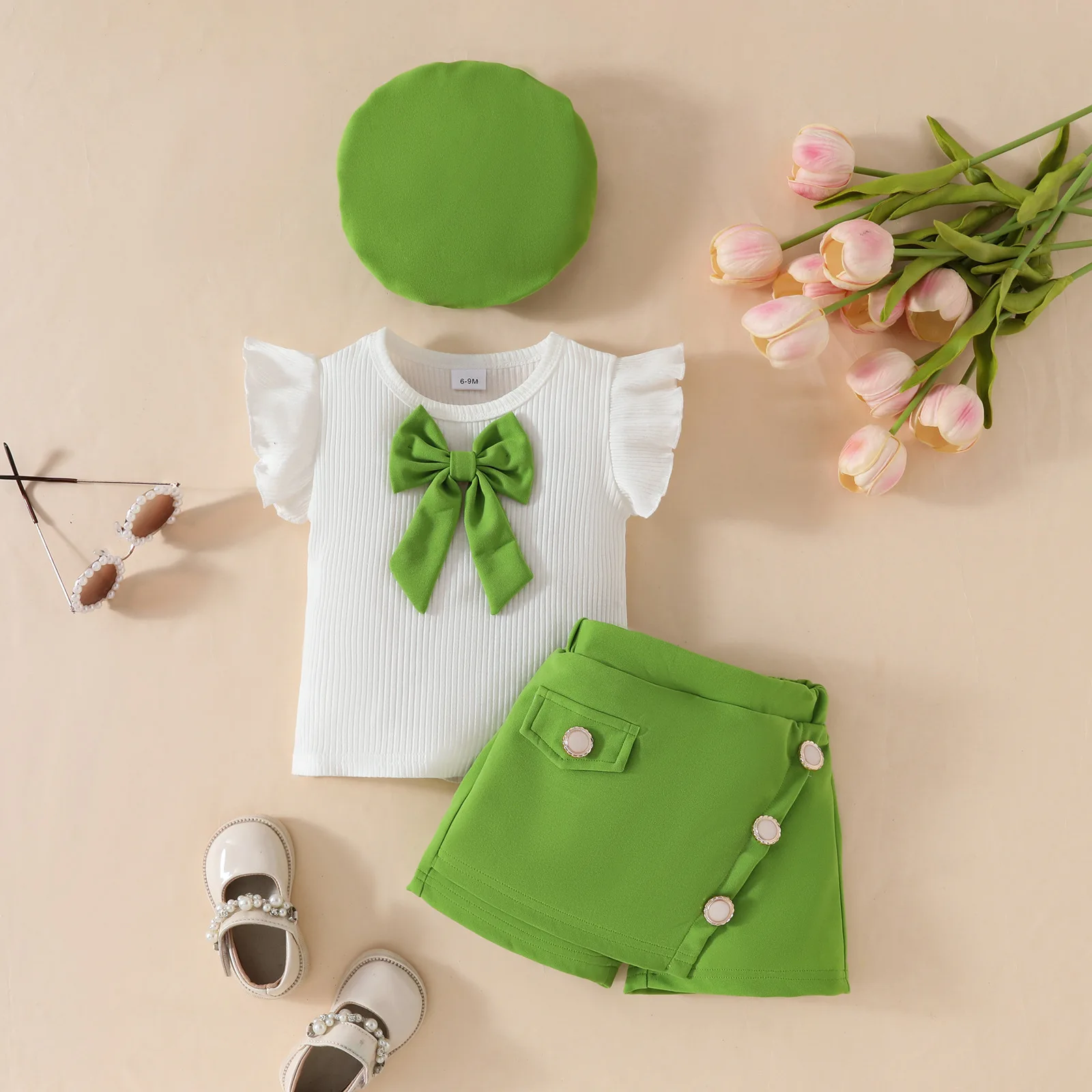Conjunto de verano bebé sin mangas de algodón con lazo y gorro - imagen 3