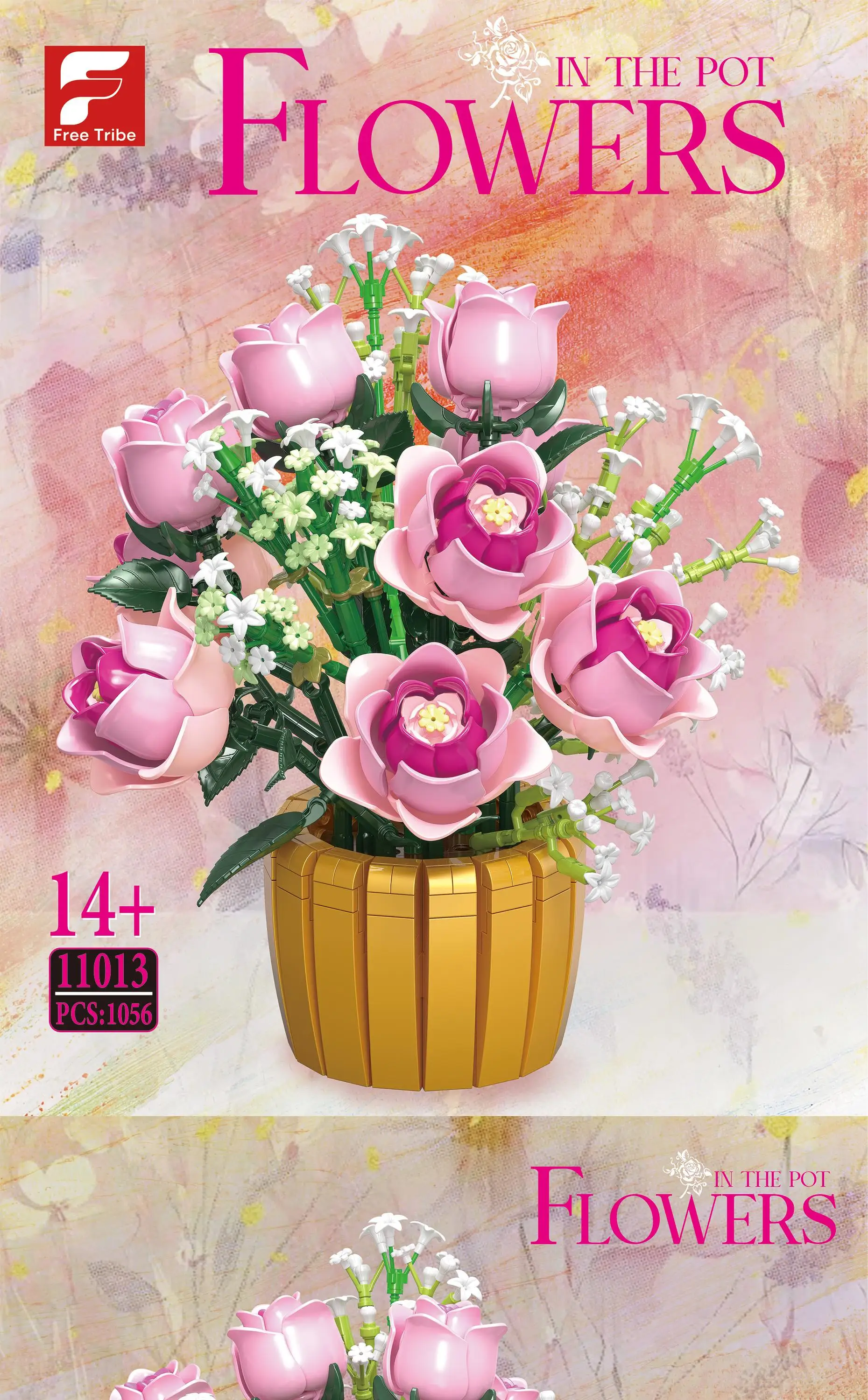 Rosas rosadas en forma de bloque con florero