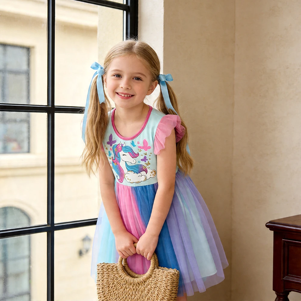 DXTON vestido de niña veraniego en algodón con tul y mariposas - imagen 3