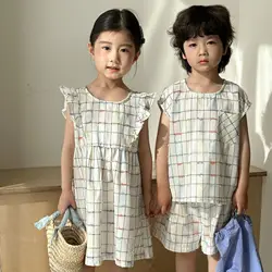 Conjunto verano hermano y hermana algodón camiseta vestido manga corta