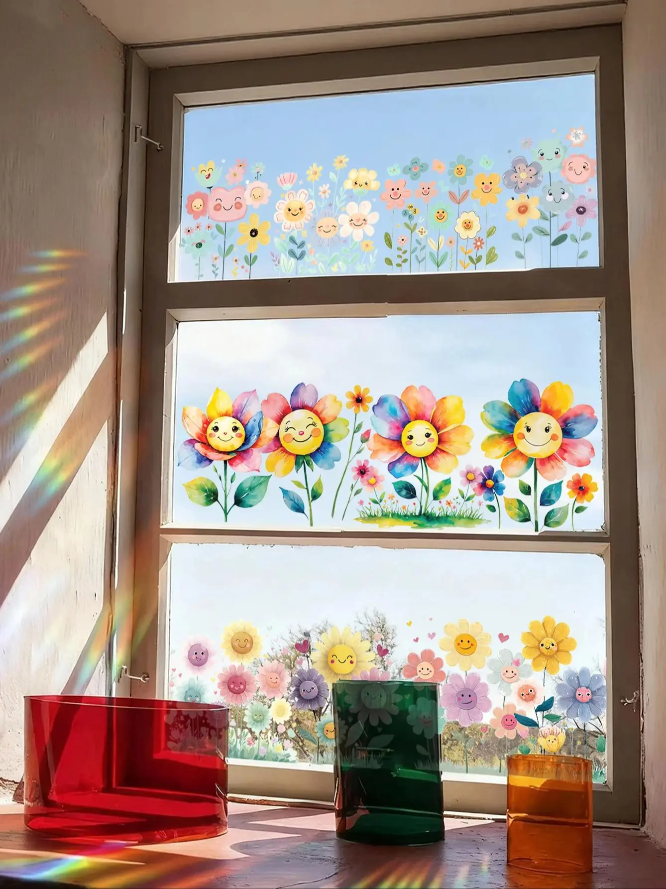 Pegatina ventana girasol sonriente arcoíris decorativa extraíble - imagen 5