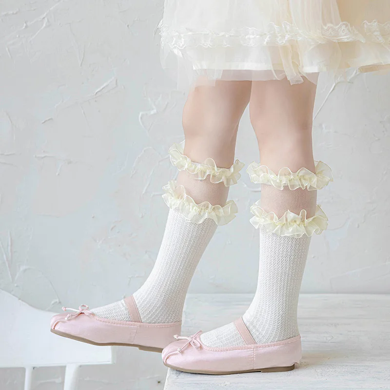 Lolita calcetines altos de encaje floral crema para niñas, lazo - imagen 2
