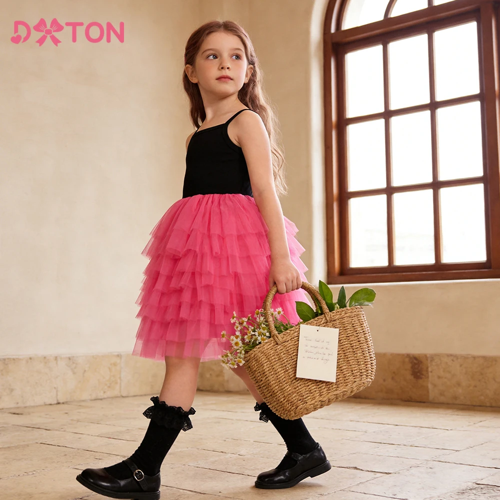 DXTON Vestido de verano para niñas tul y algodón con tirantes - imagen 3