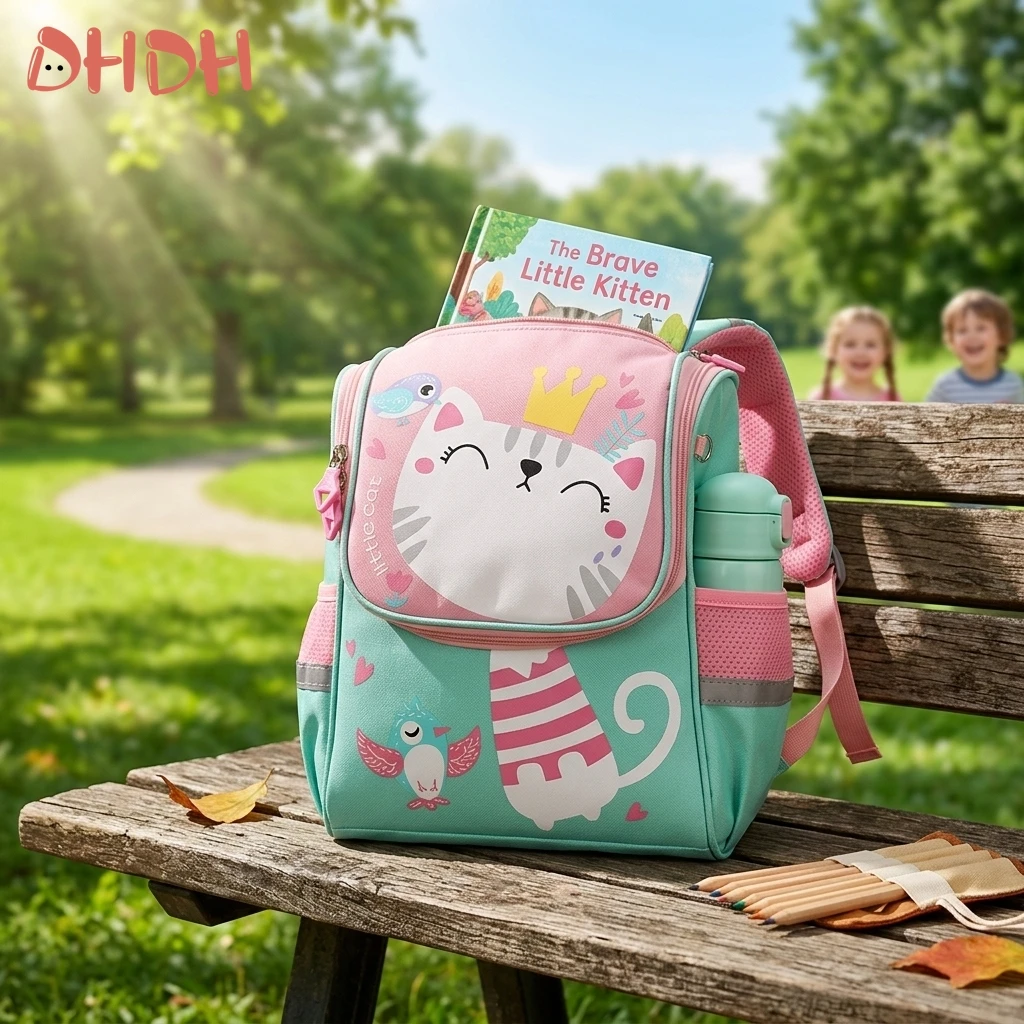 Mochila escolar infantil impermeable con diseño de gato y cómoda