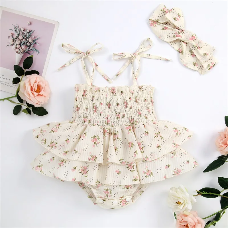 Mono veraniego floral para nina sin mangas volantes y diadema lazo