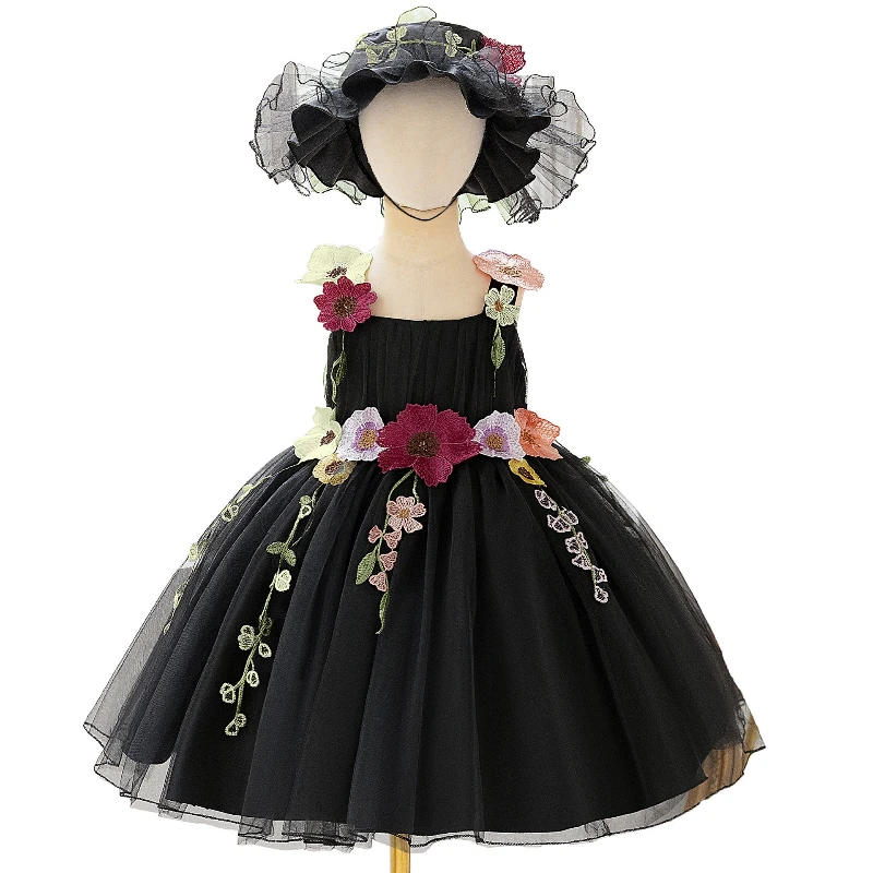 Vestido de niña princesa de gasa esponjosa con sombrero