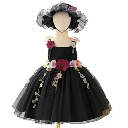 Vestido de niña princesa de gasa esponjosa con sombrero