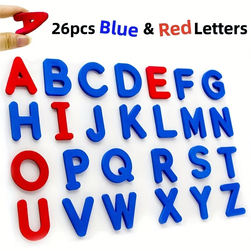 Alfabeto magnético en inglés con letras rojas y azules para nevera