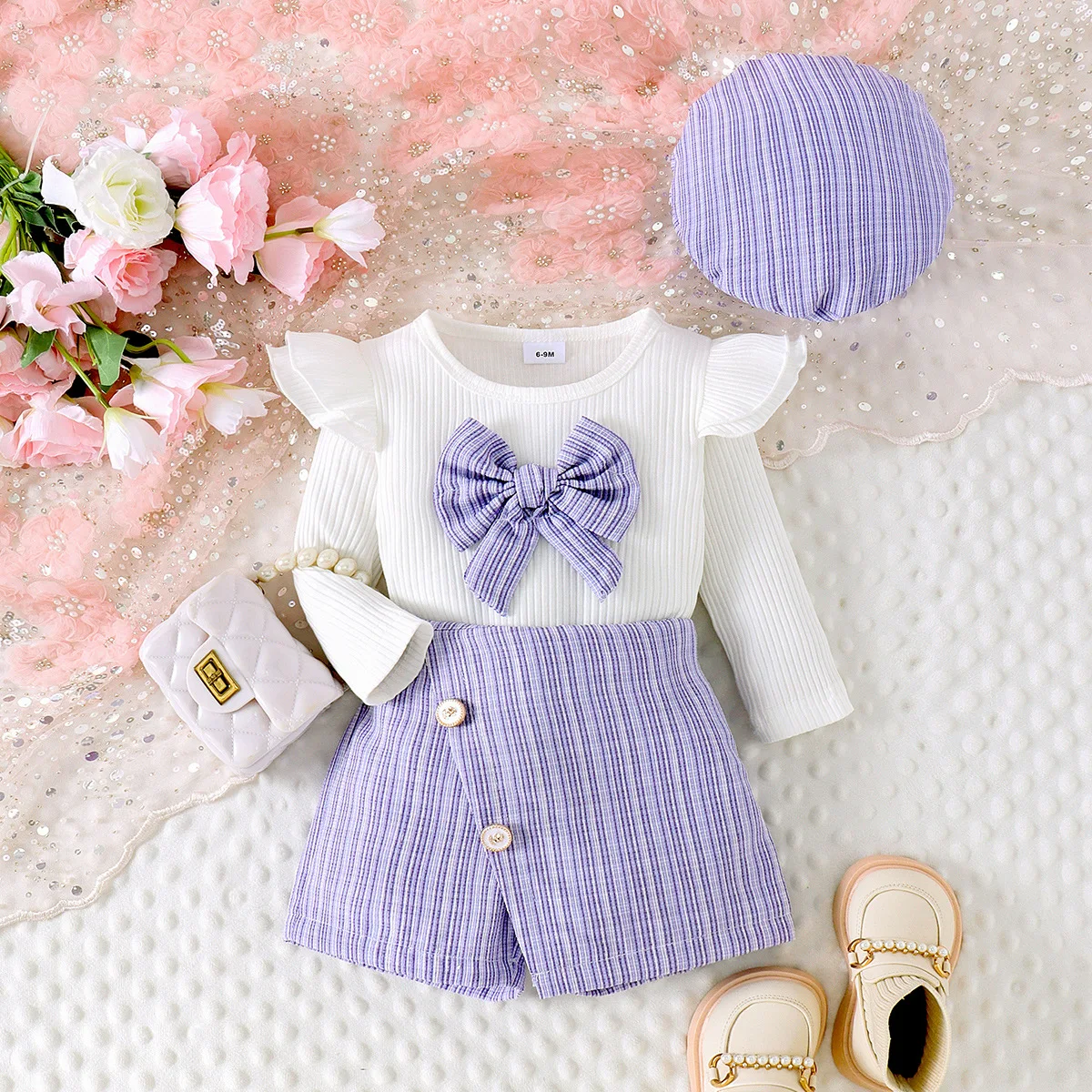 Conjunto de niña con lazo de algodón, pantalón a cuadros y gorro - imagen 2