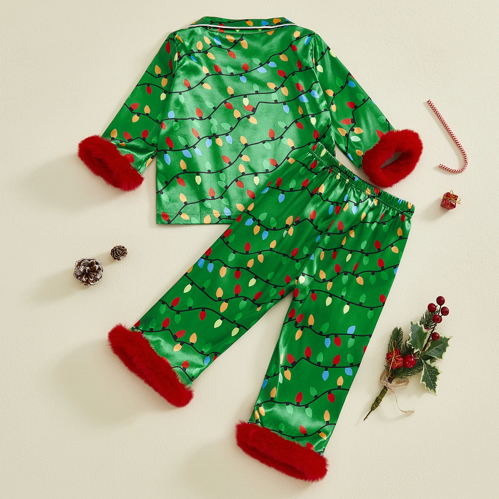 Tregren Pijama Navideño Satén Niño Niña – Top Botones y Pantalón - imagen 4