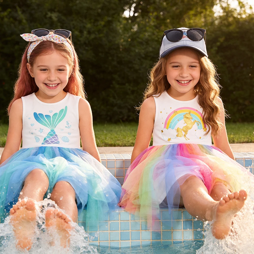 DXTON vestido de princesa veraniego con malla sirena para niña - imagen 4