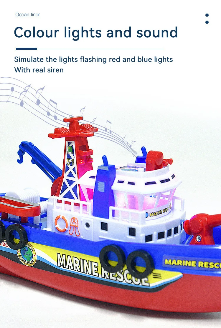 Barco de rescate con luces LED flotando en agua