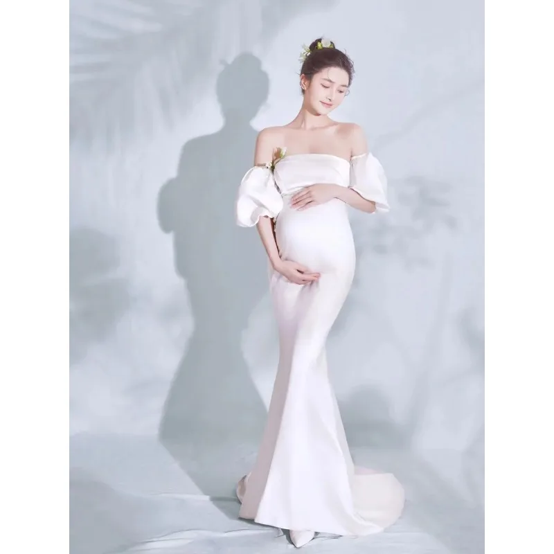 Vestido premamá largo blanco elegante para bodas y fotos de maternidad - imagen 5