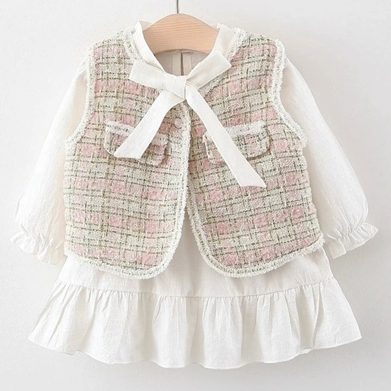 Conjunto chaleco a cuadros y vestido de princesa para niña - imagen 5